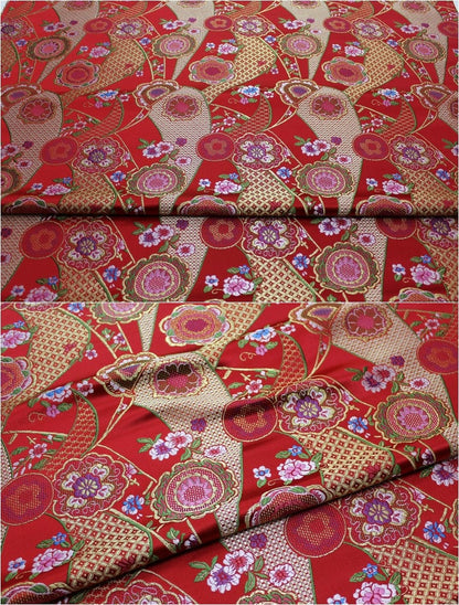 Nishijin Japanese Floral Jacquard Brocade Fabric: Black and Red Silk Rayon Blend (29.5" Width)