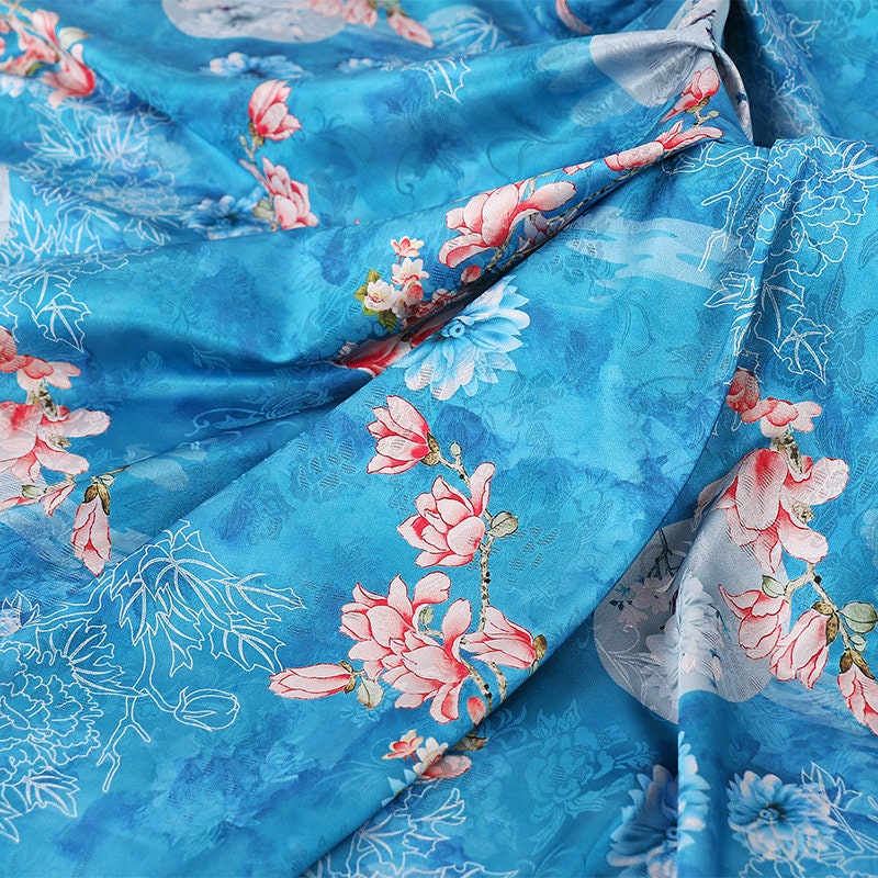 Teal Floral Tea Silk Satin Fabric: Digital Print, 59" Wide