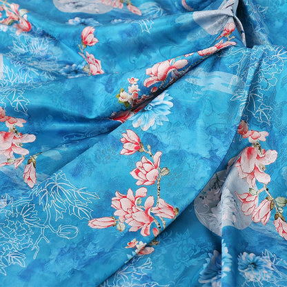Teal Floral Tea Silk Satin Fabric: Digital Print, 59" Wide