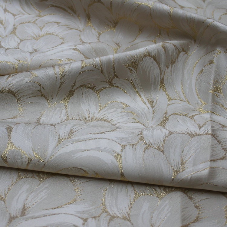Off White Jacquard Fabric: 3D Gold Flower Design, 55" Wide