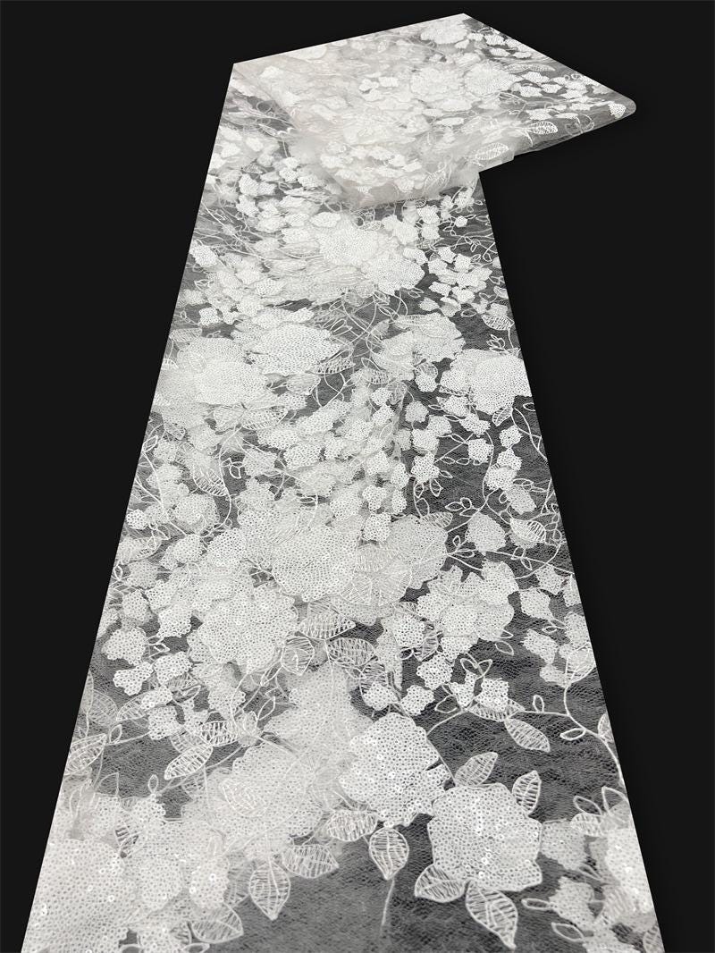 Peony Lace Tulle Fabric: Sequin Embroidery, DIY Wedding Gown Material