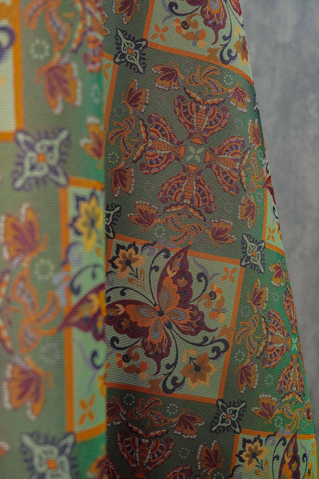 Butterfly Floral Jacquard Fabric: Ethnic Green Iridescent Sewing Material (59"W, By The Meter)