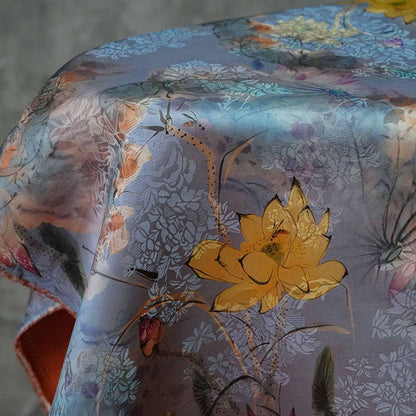 Lotus Flower Tea Silk Satin Fabric: Digital Print, 55" Wide
