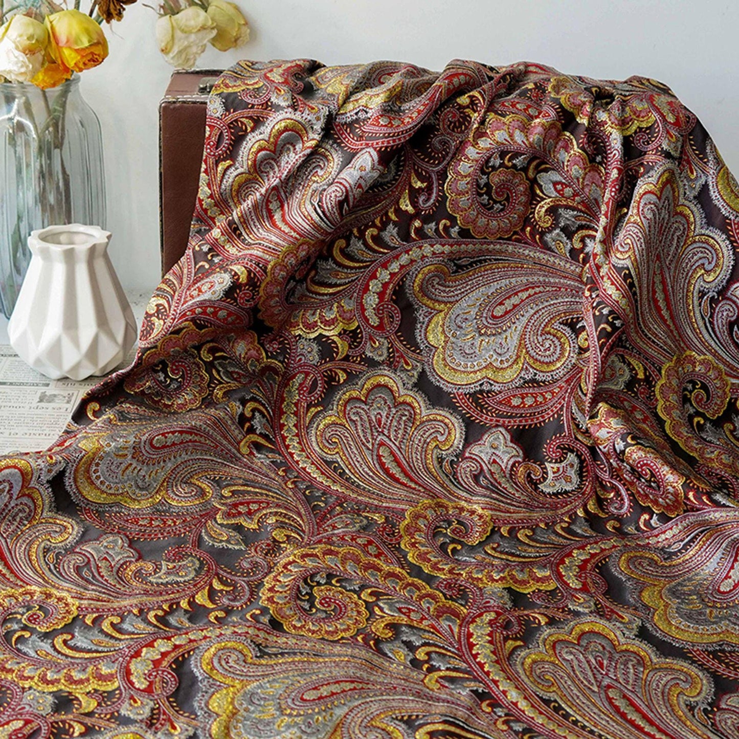 French Abstract Floral Jacquard Fabric: Gold Thread Embossed Woven - 63"W