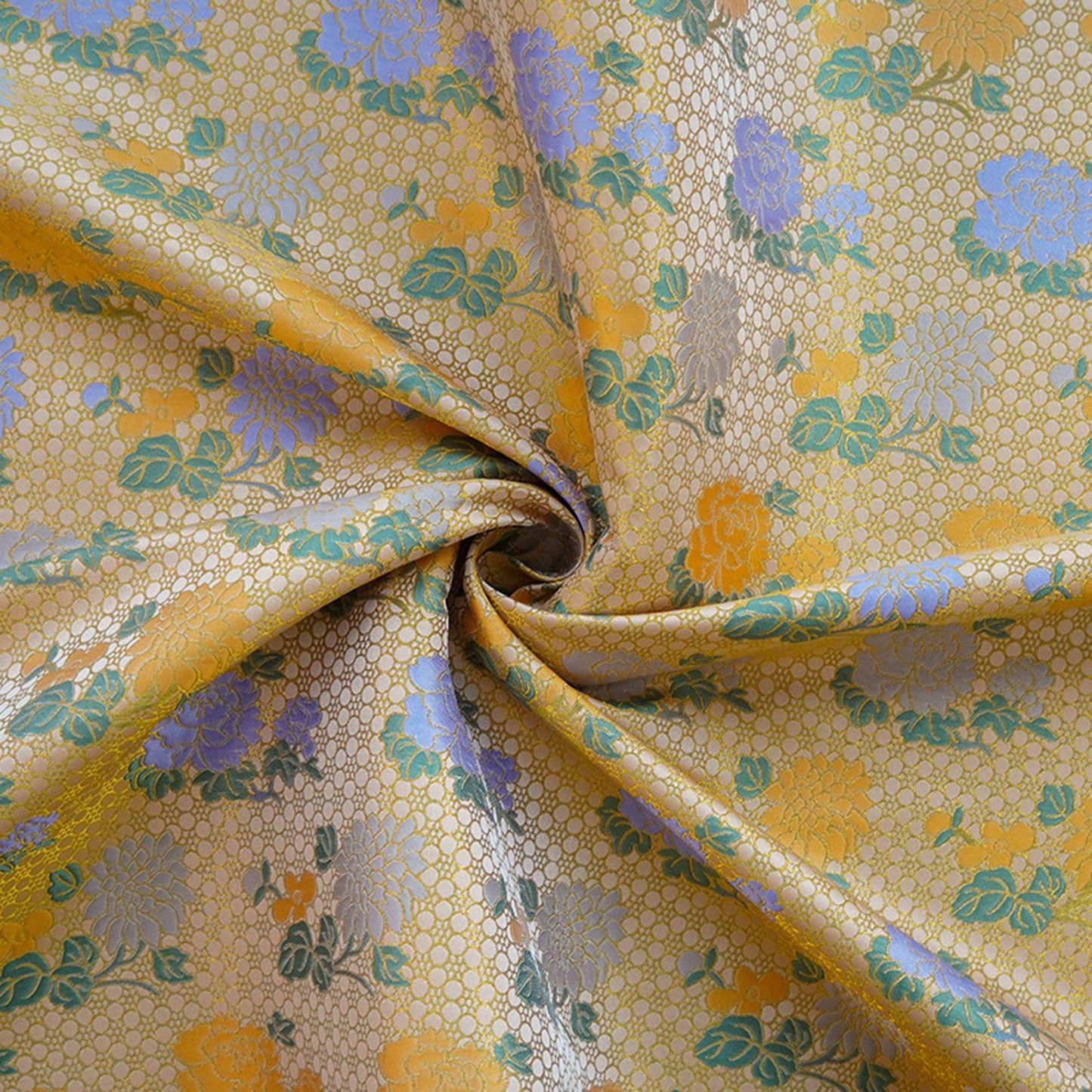 Japanese Kirin Nishijin Brocade Fabric: Yellow Floral Silk, 60" Wide