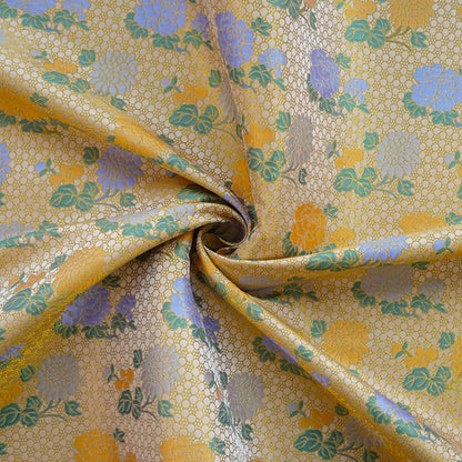 Japanese Kirin Nishijin Brocade Fabric: Yellow Floral Silk, 60" Wide