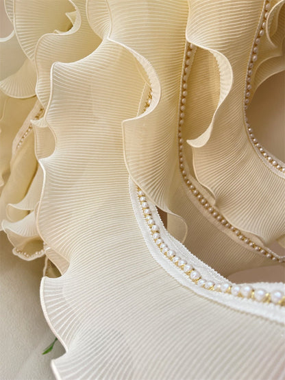 Ivory Pleated Chiffon Trim: Beaded Ruffled Fabric, 4.3" Width