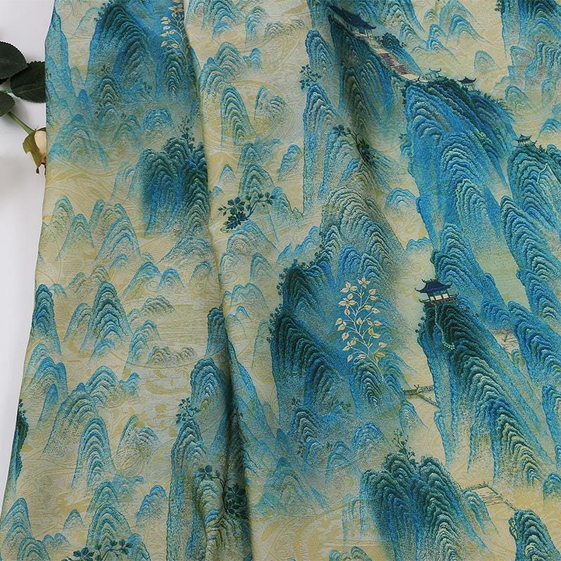 Tissu satiné à motifs orientaux : orange, bleu, 150 cm de large