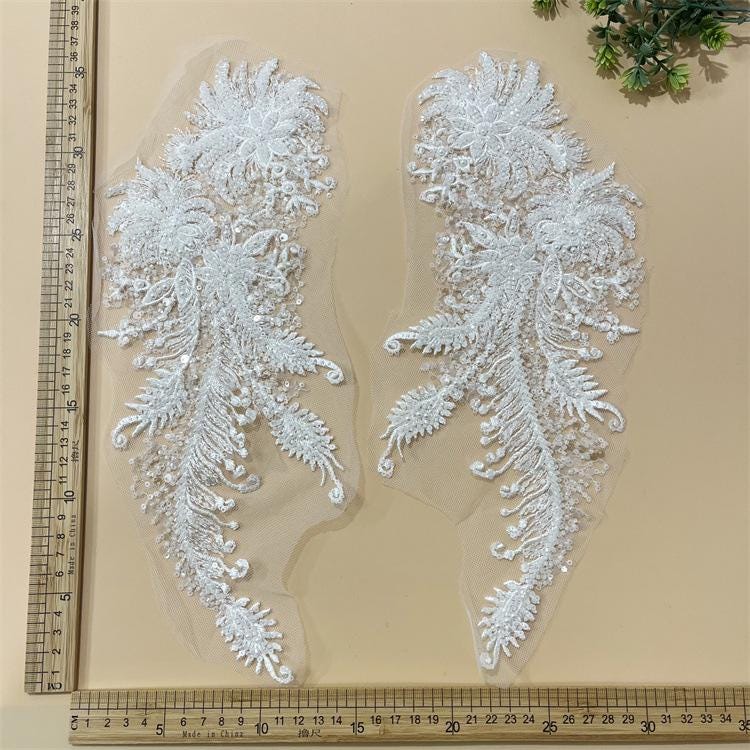 Embroidered Lace Trim: Light Ivory Bridal Wedding Veil Fabric, Sequins (By Yard)