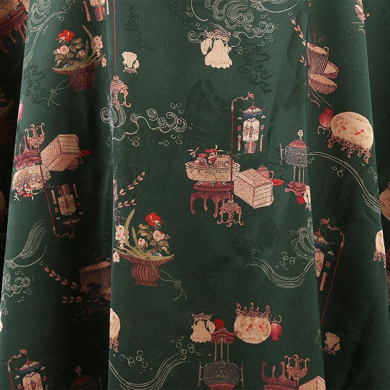 Ancient Ladies Tea Silk Satin Fabric: 59"W Digital Print Sewing Material
