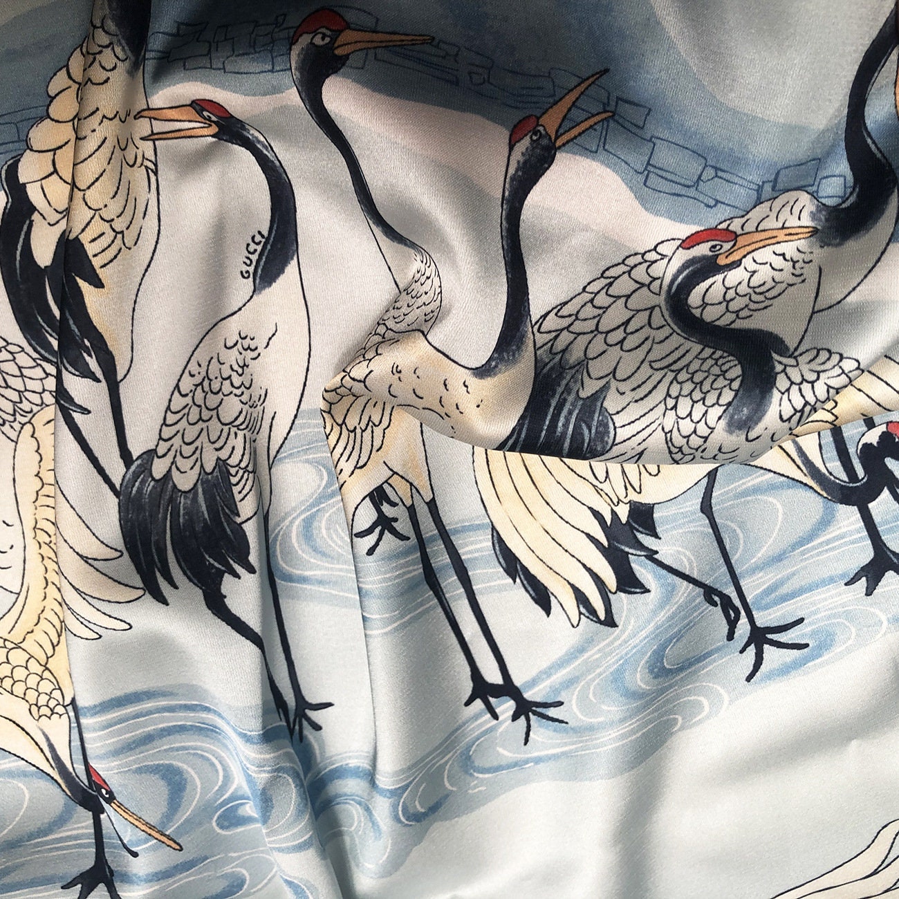 Blue Crane Print Satin Fabric: Soft Polyester Rayon Blend, 59" Wide