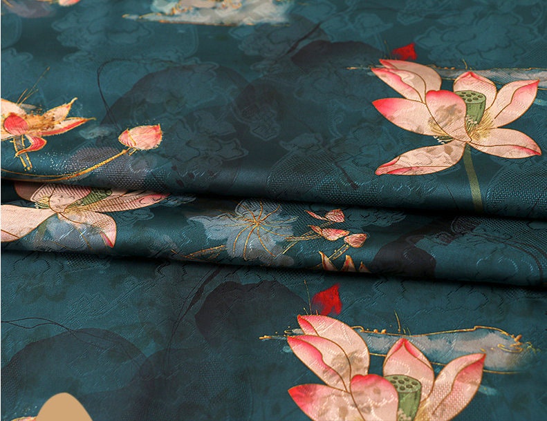 Emerald Satin Fabric: Floral Print, 59" Wide, Sewing & Upholstery