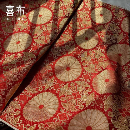 Lotus Brocade Fabric: 29.5"W Red & Gold Rayon Upholstery