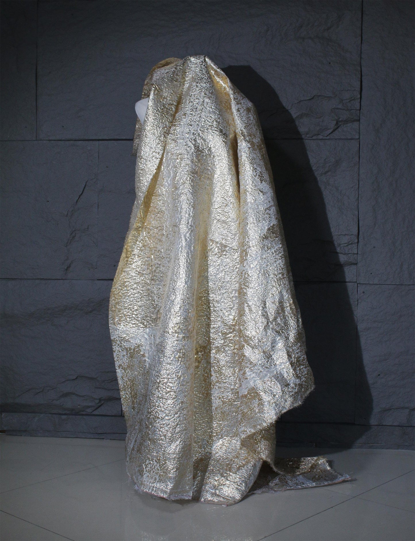Metallic Gold Thread Jacquard Fabric: 3D Embossed Woven Material, 59"W