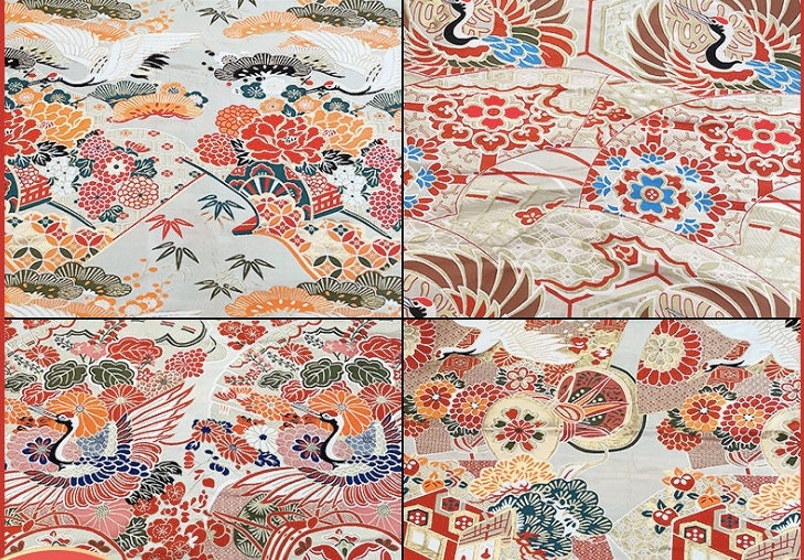 Japanese Crane Jacquard Satin Fabric: Birds & Floral Upholstery, Costume Sewing