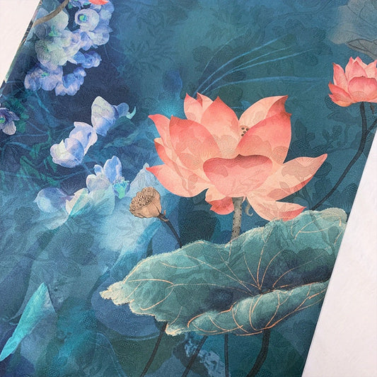 Lotus Flower Print Fabric: Botanical Polyester Spandex Blend, 55" Wide