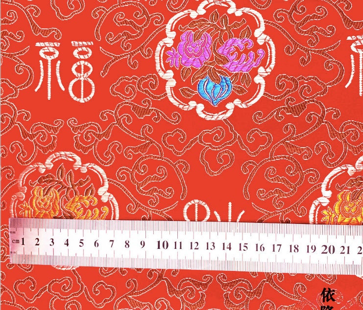 Tissu brocart pêche de longévité chinois : rayonne rouge et or, 75 cm de large