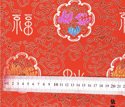 Tissu brocart pêche de longévité chinois : rayonne rouge et or, 75 cm de large