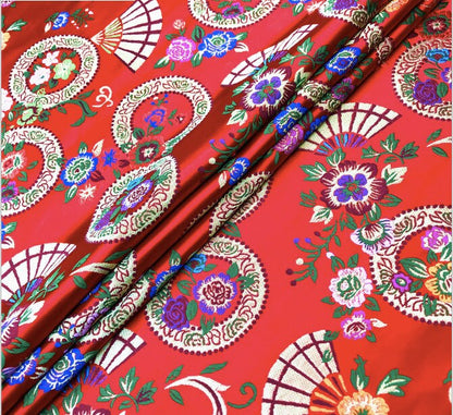 Nishijin Brocade Fabric: Japanese-Style Floral & Snow Wheel Fan, Gold Upholstery Sewing Fabric by Meter