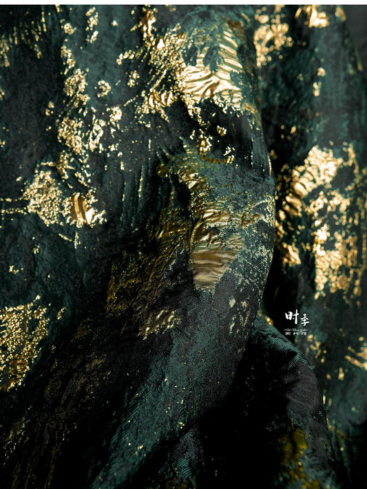 Green & Gold Textured Jacquard Fabric | 3D Embossed Brocade, 55" Wide
