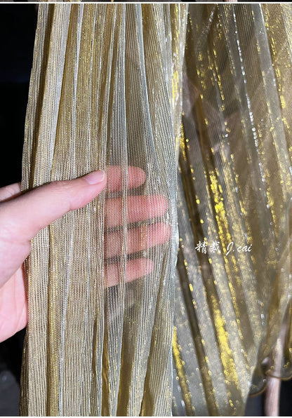 Tissu en maille plissée transparente à paillettes, 150 cm de large, fil doré et argenté