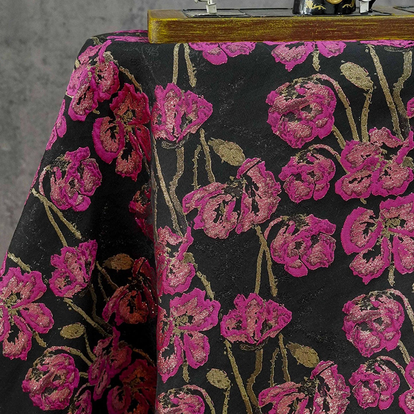 Black Jacquard Brocade Fabric | Pink Floral Gold Thread, 65"W