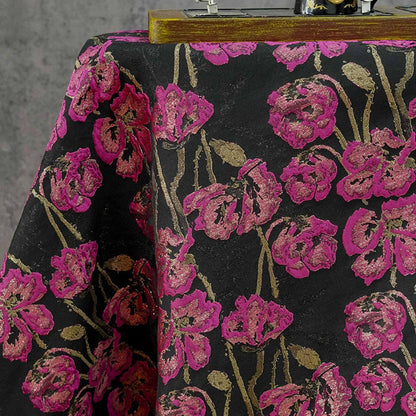 Black Jacquard Brocade Fabric | Pink Floral Gold Thread, 65"W