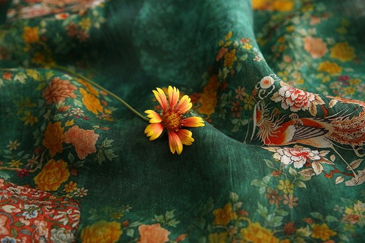 Jade Green Ramie Fabric: Floral Bird Print, 57" Wide