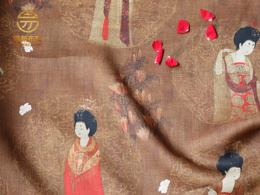 Tang Dynasty Linen Fabric: Ladies with Hairpins Print, 55" Wide