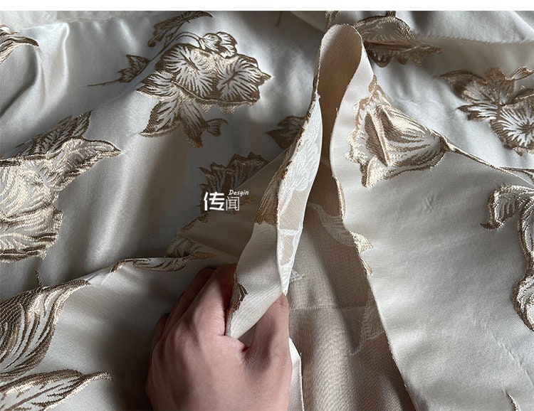 Champagne Magnolia Embroidered Jacquard Fabric: 57"W Floral Upholstery