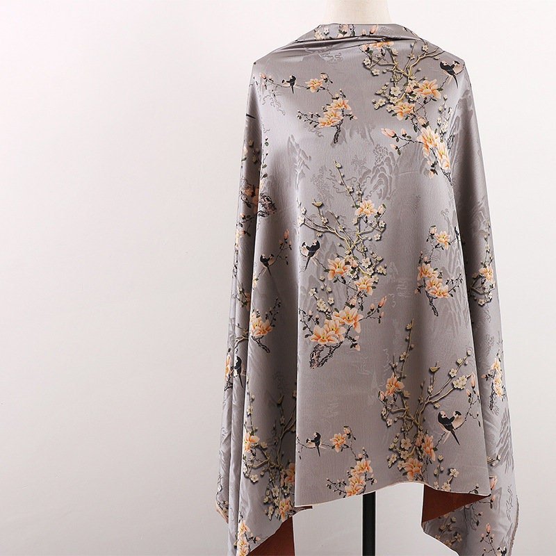 Floral Bird Print Satin Fabric: Gambiered Canton Gauze, 58" Wide - Poppylollipop