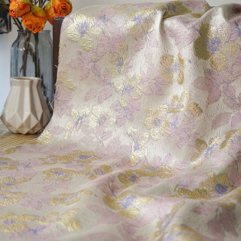 Metallic Floral Jacquard Fabric: Bronzing Gold Thread, 57" Wide
