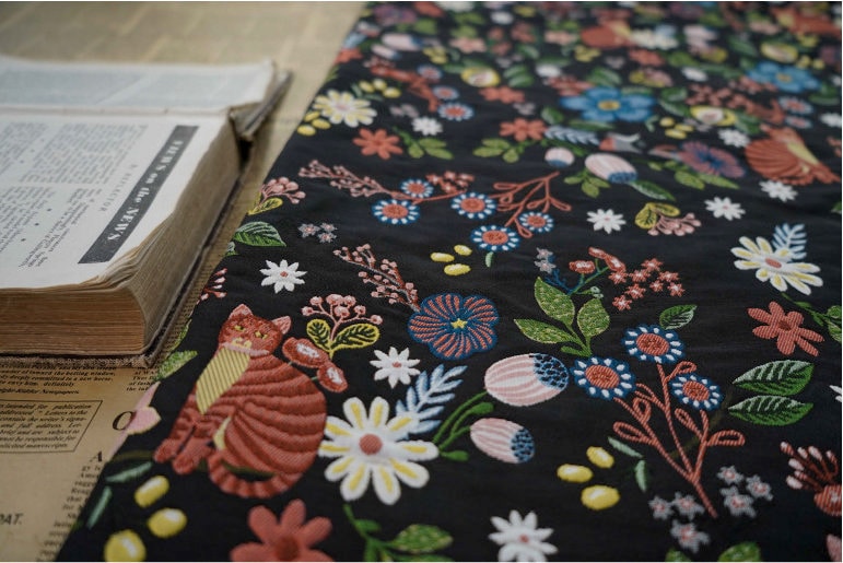 Black Cat Jacquard Fabric: Floral Upholstery, Costume, Decor (58"W)