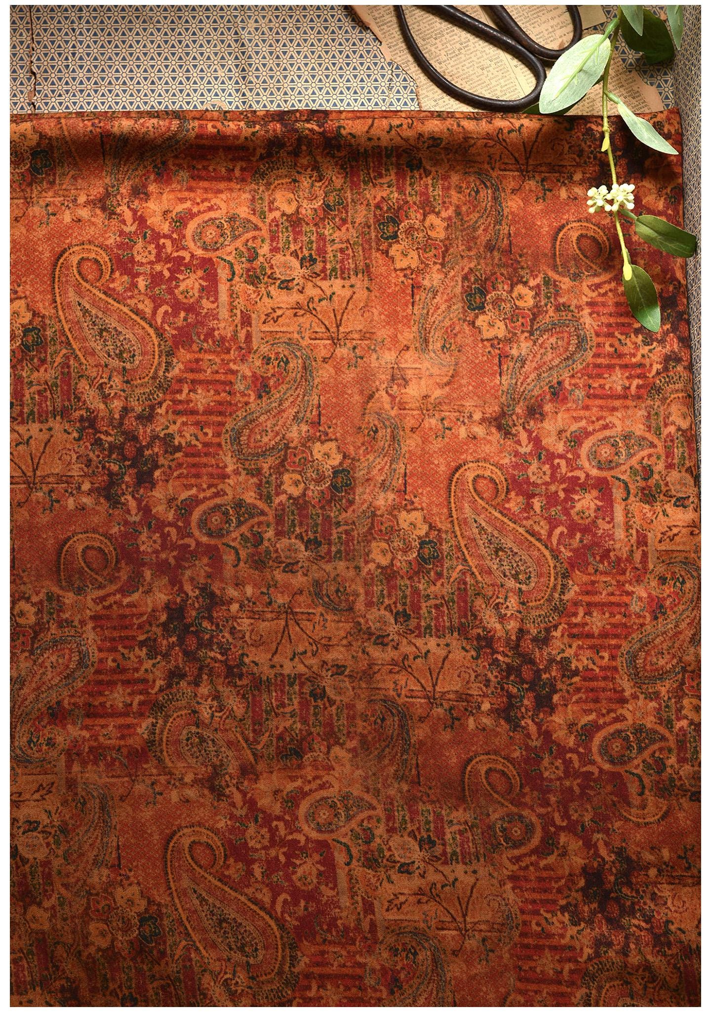 Dunhuang Pattern Cotton Sateen Fabric: Drapery, Upholstery, Costume - 55"W