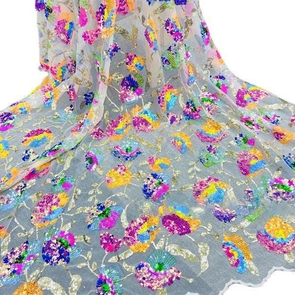 Floral Sequin Embroidery Lace Fabric: 50"W Wedding Prom Dress