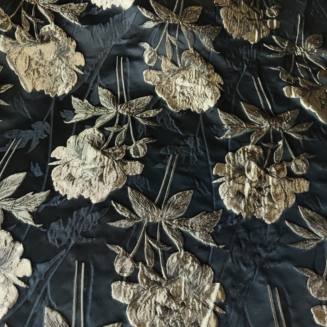 Reversible Floral Jacquard Fabric: Gold Thread, 3D Embossed - 62"W