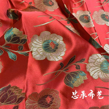 Lotus Brocade Fabric: Red Silk Blend Tibetan Textile (29"W)