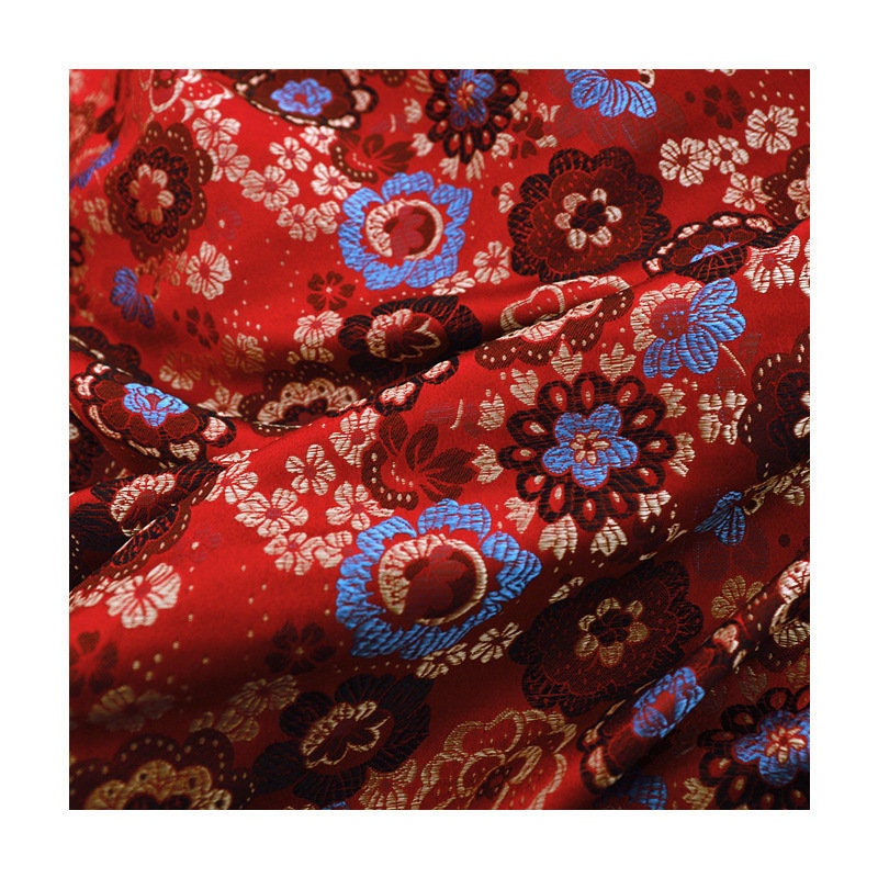 Floral Japanese Kinran Brocade Fabric: Red & Blue Rayon, 59" Wide