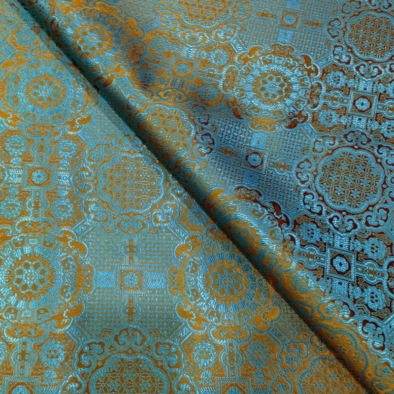 Chinese Brocade Fabric: Turquoise Jacquard Rayon, 59" Wide