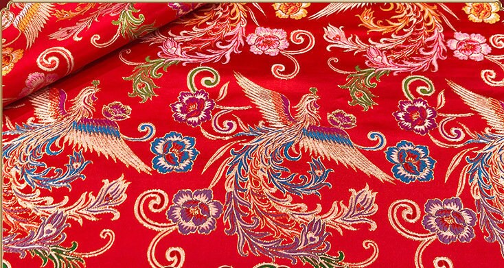 Tissu satin jacquard Phoenix Peony : brocart de soie bleu, 150 cm de large