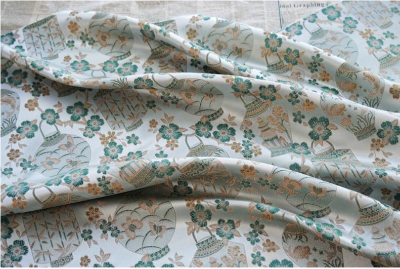 Jacquard Brocade Fabric: Chinese Floral Vase Design, 65" Wide
