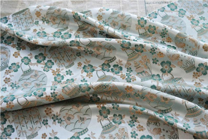 Jacquard Brocade Fabric: Chinese Floral Vase Design, 65" Wide