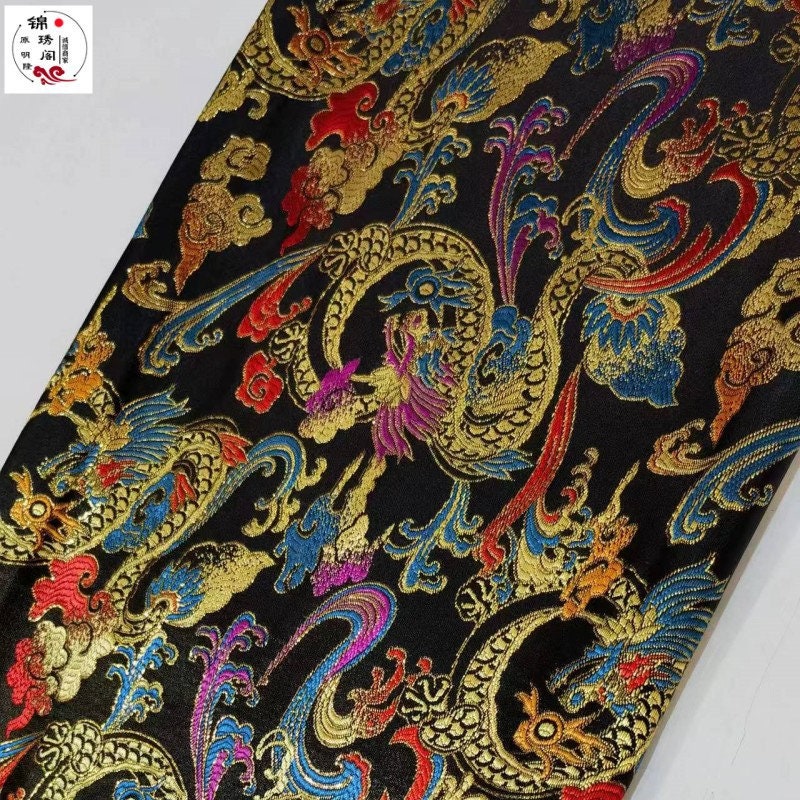 Phoenix Brocade Fabric: Gold Embroidery, Chinese Cheongsam Sewing Material (29.5"W)