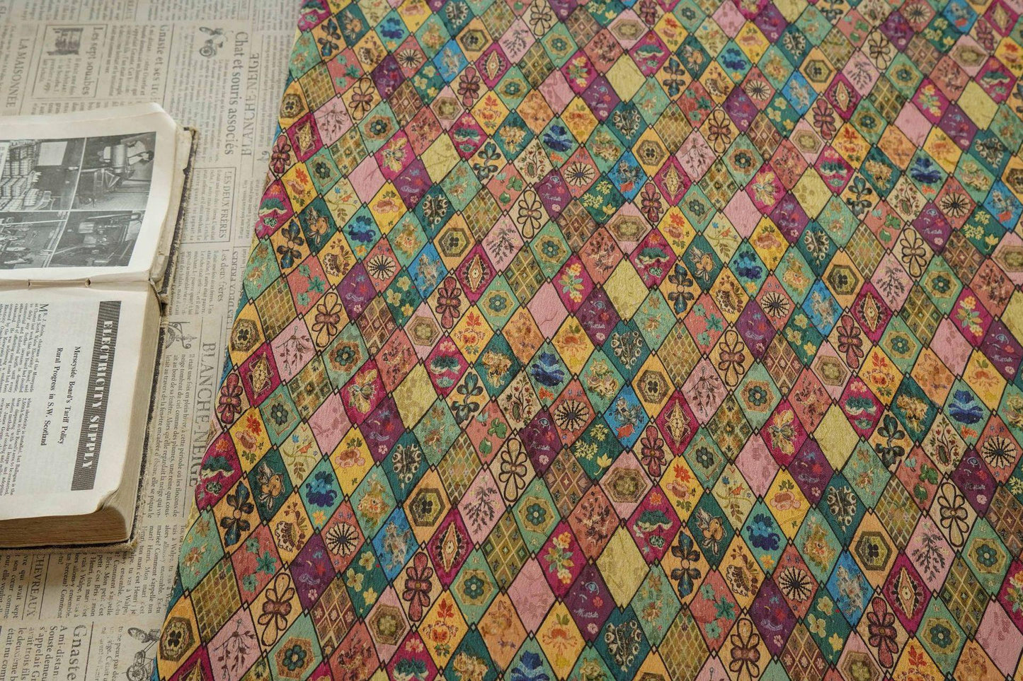 Floral Diamond Tea Satin Fabric, Dark Green Digital Print, 59" Wide