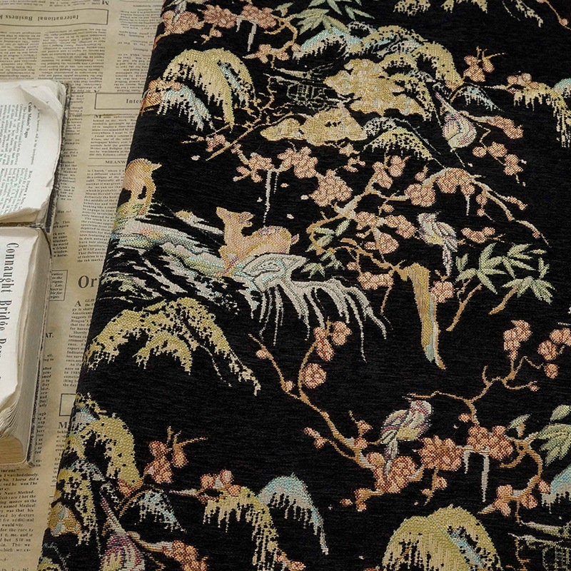 Tissu jacquard rétro motif cerf : texture 3D pour ameublement, costumes et décoration - 142 cm de large