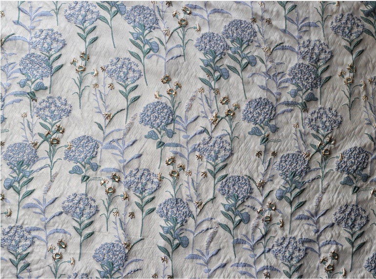 Blue Dandelion Jacquard Fabric: Lurex Woven with Gold, 56" Wide