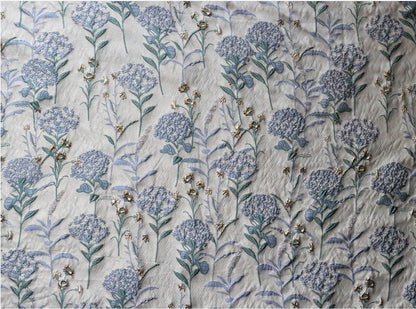 Blue Dandelion Jacquard Fabric: Lurex Woven with Gold, 56" Wide