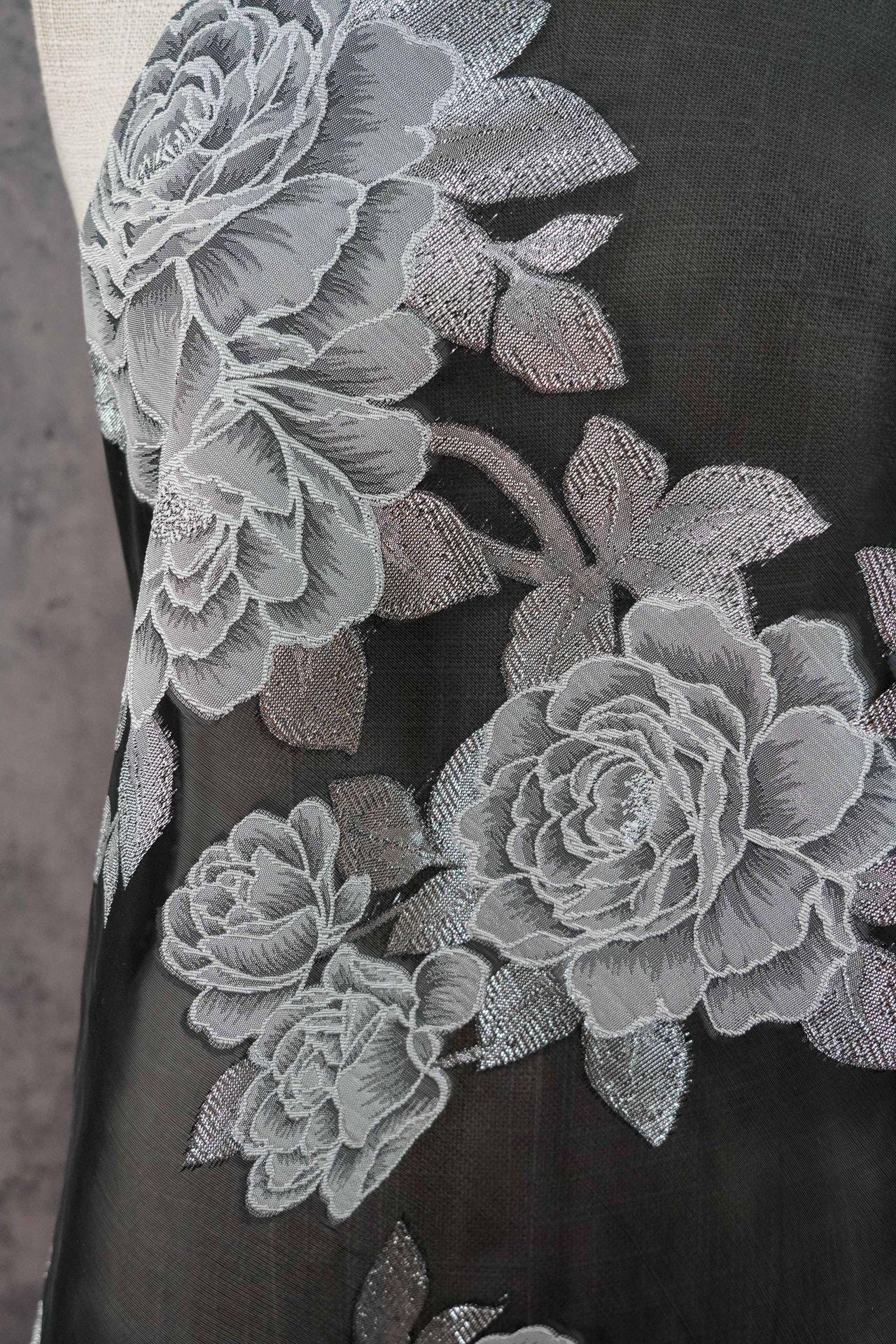 Black and white Peony Silver Thread Jacquard Semi-Sheer Fabric, 55"Wide