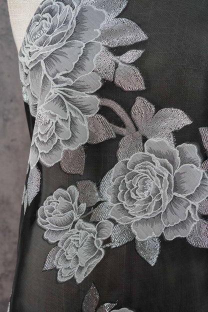 Black and white Peony Silver Thread Jacquard Semi-Sheer Fabric, 55"Wide