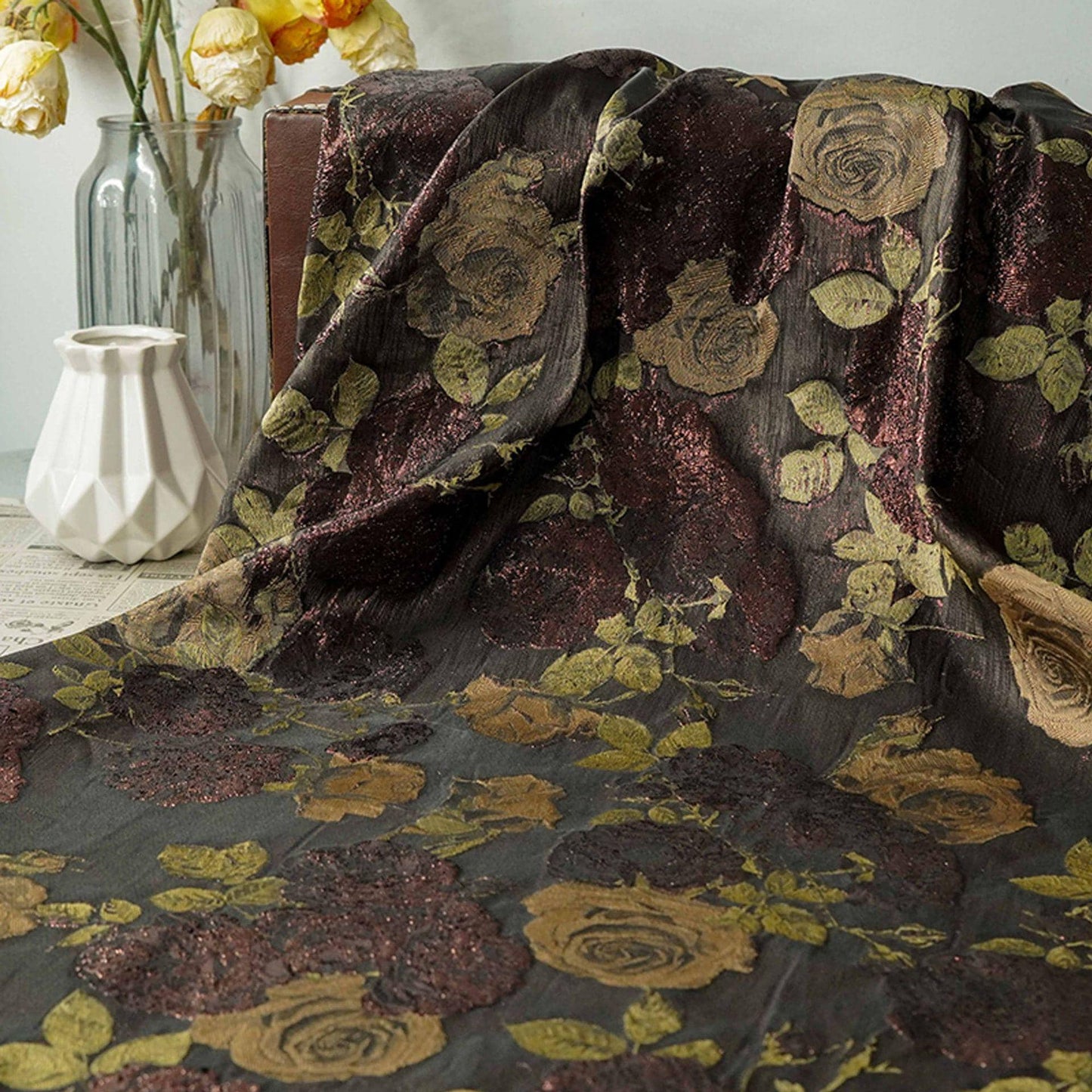 Rose Jacquard Brocade Fabric | Embossed Floral Dress Material, 59" Wide